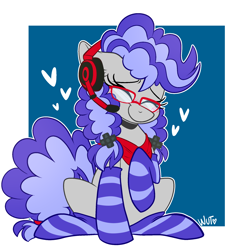 Size: 2048x2048 | Tagged: safe, artist:wutani, oc, oc only, oc:cinnabyte, pony, adorkable, bandana, cinnabetes, clothes, commission, cute, dork, gaming headset, glasses, headphones, headset, high res, smiling, socks, solo, striped socks, ych result