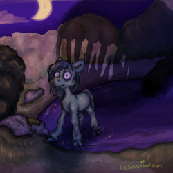 Size: 2048x2048 | Tagged: safe, artist:lilsunshinesam, oc, oc only, oc:fisheyes, earth pony, kelpie, pony, cloud, cloven hooves, crescent moon, dripping, high res, male, moon, night, shadow, solo, stallion, water, wet