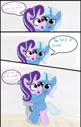 Size: 1379x2158 | Tagged: safe, artist:rusticanon, starlight glimmer, trixie, pony, unicorn, g4, but why, comic, female, hug, implied pooping, inconvenient trixie, missing cutie mark, need to poop, sitting on toilet, speech bubble, toilet