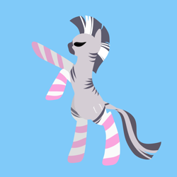 Size: 1200x1200 | Tagged: safe, artist:lebalisa, oc, oc only, oc:zebra north, pony, zebra, blue background, clothes, femboy, male, rearing, simple background, socks, solo, stallion, striped socks, zebra oc