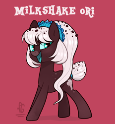 Size: 1300x1400 | Tagged: safe, artist:lilpinkghost, oc, oc only, earth pony, pony, candy, clothes, dessert, female, food, maid, mare, milkshake, open mouth, original art, ponytail, simple background, smiling, solo, sweet