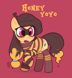 Size: 1300x1400 | Tagged: safe, artist:lilpinkghost, oc, oc only, oc:honey yoyo, earth pony, pony, animal costume, bee costume, candy, clothes, costume, female, food, honey, mare, shy, simple background, socks, solo, sweater, sweet
