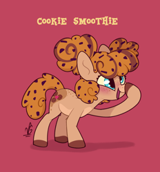 Size: 1300x1400 | Tagged: safe, artist:lilpinkghost, oc, oc only, oc:cookie smoothie, earth pony, pony, cookie, dessert, earth pony oc, female, food, joke, mare, raised hoof, simple background, smiling, solo, sweet, watermark