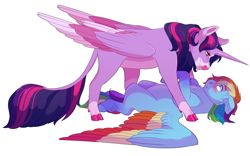 Size: 2400x1500 | Tagged: safe, artist:uunicornicc, rainbow dash, twilight sparkle, alicorn, classical unicorn, pegasus, pony, g4, :i, blushing, chest fluff, cloven hooves, colored wings, ear fluff, female, floppy ears, horn, large wings, leonine tail, lesbian, lying down, multicolored wings, on back, pinned, pinned down, pinned ya, realistic wings, ship:twidash, shipping, simple background, twilight sparkle (alicorn), unshorn fetlocks, white background, wings