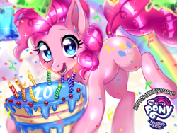 Size: 2000x1500 | Tagged: safe, artist:bluntmare, pinkie pie, earth pony, pony, mlp fim's tenth anniversary, g4, balloon, cake, confetti, cute, diapinkes, female, food, happy birthday mlp:fim, looking at you, open mouth, party, rainbow, shiny, solo