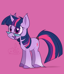 Size: 2000x2300 | Tagged: source needed, safe, artist:lilpinkghost, twilight sparkle, pony, unicorn, g4, cloven hooves, cute, female, glasses, high res, mare, pink background, simple background, solo, tail wrap, twiabetes, unicorn twilight, unshorn fetlocks