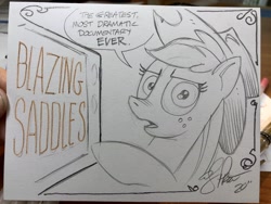 Size: 2048x1536 | Tagged: safe, artist:andypriceart, idw, applejack, earth pony, pony, g4, andy you magnificent bastard, blazing saddles, cowboy hat, female, hat, looking at you, mare, pencil drawing, solo, traditional art