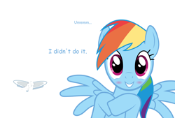 Size: 1600x1080 | Tagged: safe, artist:ursamanner, rainbow dash, pegasus, pony, blatant lies, blushing, cute, dashabetes, dialogue, looking at you, plate, shards, simple background, smiling, smiling at you, solo, white background
