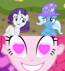 Size: 852x936 | Tagged: safe, edit, edited screencap, screencap, pinkie pie, rarity, trixie, coinky-dink world, eqg summertime shorts, equestria girls, g4, female, heart eyes, lesbian, meme, pinkie's eyes, rarixie, shipping, wingding eyes
