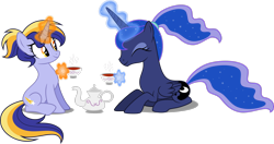 Size: 3368x1781 | Tagged: safe, artist:decprincess, princess luna, oc, oc:night star, alicorn, pony, unicorn, g4, cup, cute, duo, eyes closed, female, food, kneeling, magic, magic aura, mare, simple background, sitting, smiling, tea, teacup, teapot, transparent background, vector