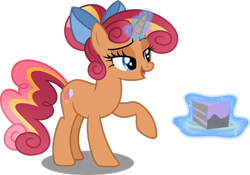 Size: 2926x2050 | Tagged: safe, artist:decprincess, oc, oc only, oc:chocolate savoury, pony, unicorn, bow, cake, cute, female, food, glowing horn, hair bun, high res, horn, magic, magic aura, mare, open mouth, plate, raised hoof, simple background, smiling, solo, transparent background, vector