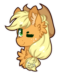 Size: 462x577 | Tagged: safe, alternate version, artist:silentwolf-oficial, applejack, earth pony, pony, g4, bust, chest fluff, ear fluff, freckles, hat, one eye closed, signature, simple background, solo, transparent background, wink