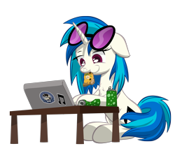 Size: 4000x3500 | Tagged: safe, artist:template93, dj pon-3, vinyl scratch, pony, unicorn, g4, can, chest fluff, chewing, computer, eating, food, glasses, laptop computer, pizza, simple background, soda, soda can, solo, sticker, table, transparent background