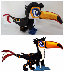 Size: 2906x3264 | Tagged: safe, artist:dungeondwellerrescue, oc, oc only, oc:tristão, bird, griffon, ocelot, toco toucan, toucan, toucan griffon, beak, commission, folded wings, high res, irl, male, paws, photo, plushie, solo, spots, standing, talons, wings