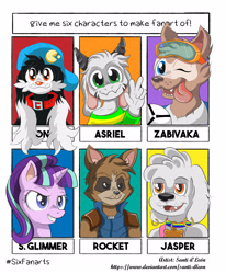 Size: 3017x3658 | Tagged: safe, artist:santi-dleon, starlight glimmer, dog, goat, pony, raccoon, unicorn, wolf, anthro, g4, asriel dreemurr, bust, clothes, collar, crossover, female, goggles, grin, guardians of the galaxy, high res, klonoa, male, mare, marvel comics, one eye closed, open mouth, rocket raccoon, six fanarts, smiling, undertale, wink, zabivaka