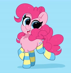 Size: 4034x4096 | Tagged: safe, artist:kittyrosie, pinkie pie, earth pony, pony, g4, absurd resolution, blue background, chest fluff, clothes, cute, diapinkes, ear fluff, female, looking at you, mare, open mouth, open smile, simple background, smiling, smiling at you, socks, solo, stockings, striped socks, thigh highs