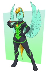Size: 790x1200 | Tagged: safe, artist:akweer, lightning dust, pegasus, anthro, unguligrade anthro, g4, clothes, commission, female, gold medal, proud, solo, standing, uniform, washouts uniform, wings