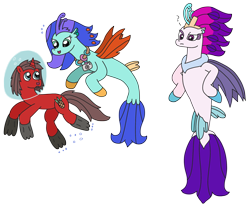 Size: 2831x2307 | Tagged: safe, artist:supahdonarudo, queen novo, oc, oc:ironyoshi, oc:sea lilly, seapony (g4), unicorn, g4, my little pony: the movie, air bubble, bubble, camera, confused, flippers, flippers (gear), hand on hip, high res, jewelry, necklace, question mark, simple background, swimming, transparent background