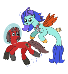 Size: 1806x1964 | Tagged: safe, artist:supahdonarudo, derpibooru exclusive, edit, oc, oc only, oc:ironyoshi, oc:sea lilly, seapony (g4), unicorn, air bubble, bubble, camera, flippers, flippers (gear), jewelry, necklace, simple background, swimming, transparent background