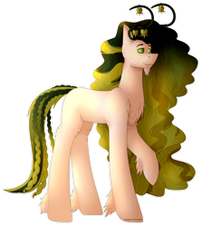 Size: 1280x1436 | Tagged: safe, artist:aritina, oc, oc only, oc:apollo, earth pony, pony, antennae, chest fluff, ear fluff, earth pony oc, green eyes, large mane, long hair, looking at you, male, no pupils, raised hoof, simple background, smiling, solo, stallion, transparent background