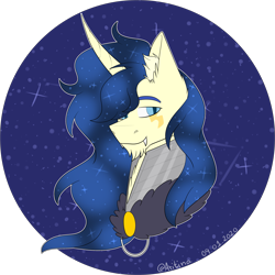 Size: 3043x3043 | Tagged: safe, artist:aritina, oc, oc only, oc:starry, hybrid, pony, unicorn, bust, colored, ear fluff, ethereal mane, fangs, head, high res, horn, male, signature, simple background, smiling, solo, stallion, starry mane, transparent background