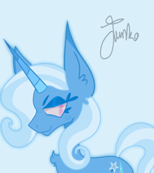 Size: 800x900 | Tagged: safe, artist:php163, trixie, pony, unicorn, g4, blue background, chest fluff, ear fluff, eyelashes, female, looking offscreen, mare, signature, simple background, smiling, smirk, solo