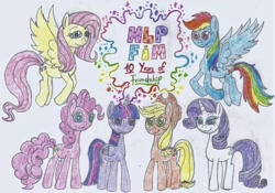 Size: 1620x1137 | Tagged: safe, artist:nephilim rider, applejack, fluttershy, pinkie pie, rainbow dash, rarity, twilight sparkle, alicorn, pony, mlp fim's tenth anniversary, g4, happy birthday mlp:fim, mane six, traditional art, twilight sparkle (alicorn)