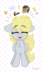 Size: 1927x3260 | Tagged: safe, artist:pink-pone, derpy hooves, doctor whooves, time turner, g4, chest fluff, cute, derpabetes, eyes closed, favorite things, food, happy, hat, key, mail, muffin, weapons-grade cute