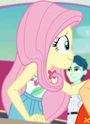 Size: 1481x2045 | Tagged: safe, screencap, applejack, fluttershy, equestria girls, equestria girls specials, g4, my little pony equestria girls: better together, my little pony equestria girls: spring breakdown, clothes, cloud, cropped, cruise, cruise ship, cute, female, flower, leaf, male, pockets, shorts, shyabetes, sleeveless, smiling, solo, spring break, yacht