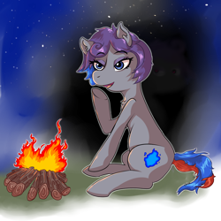 Size: 1024x1024 | Tagged: safe, artist:ghouleh, oc, oc only, oc:wisp, earth pony, pony, campfire, female, fire, mare, shadow, sitting, smiling