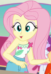 Size: 1410x2045 | Tagged: safe, screencap, applejack, fluttershy, equestria girls, equestria girls specials, g4, my little pony equestria girls: better together, my little pony equestria girls: spring breakdown, clothes, cloud, cropped, cruise, cruise ship, cute, female, flower, leaf, pockets, shorts, shyabetes, sleeveless, smiling, spring break, talking, towels, yacht