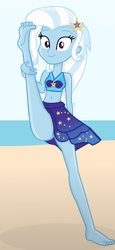 Size: 700x1527 | Tagged: safe, artist:grapefruitface1, trixie, equestria girls, g4, barefoot, beach, belly button, clothes, feet, female, flexible, looking at you, raised leg, schrödinger's pantsu, seaside, show accurate, solo, standing, standing on one leg, standing splits, swimsuit