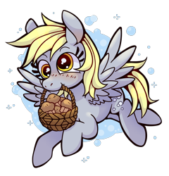 Size: 1280x1336 | Tagged: safe, artist:kaylees-art, derpy hooves, pegasus, pony, g4, abstract background, basket, cute, derpabetes, female, flying, food, mare, mouth hold, muffin, simple background, solo, spread wings, transparent background, wings