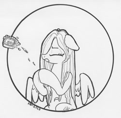 Size: 1233x1200 | Tagged: safe, artist:abronyaccount, fluttershy, pegasus, pony, g4, black and white, cutie mark, eyes closed, female, frown, grayscale, hooves together, horse problems, ink, ink drawing, inktober, inktober 2020, mare, monochrome, slippery, soap, solo, traditional art, wet, wet mane, wings, wings down