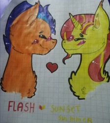 Size: 2112x2353 | Tagged: safe, artist:endermanotaku, flash sentry, sunset shimmer, g4, female, graph paper, heart, high res, male, ship:flashimmer, shipping, straight, traditional art