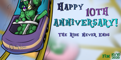 Size: 1008x506 | Tagged: safe, artist:pew-screw, oc, pony, mlp fim's tenth anniversary, anniversary, anonpony, happy, happy birthday mlp:fim, roller coaster, scared, the ride never ends