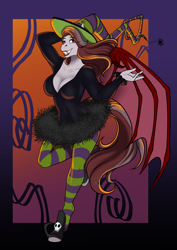 Size: 2865x4051 | Tagged: safe, artist:blackblood-queen, oc, oc only, oc:scarlet quill, bat pony, anthro, unguligrade anthro, bat pony oc, bat wings, big breasts, breasts, cleavage, clothes, commission, costume, digital art, female, grin, halloween, halloween costume, hat, lipstick, milf, nightmare night costume, scary godmother, slit pupils, smiling, socks, striped socks, wings, witch costume, witch hat