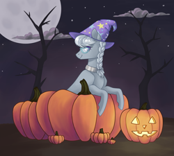 Size: 3000x2700 | Tagged: safe, artist:flaming-trash-can, silver spoon, earth pony, pony, g4, clothes, commission, halloween, hat, high res, holiday, pumpkin, solo, trixie's hat, ych result
