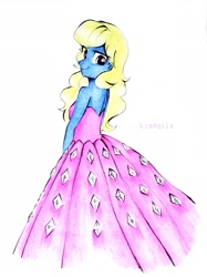 Size: 2262x3017 | Tagged: safe, artist:liaaqila, oc, oc only, oc:azure/sapphire, costume conundrum, equestria girls, equestria girls series, g4, spoiler:eqg series (season 2), clothes, clothes swap, costume conundrum: rarity, crossdressing, dress, gown, high res, looking at you, looking over shoulder, open-back dress, princess costume, simple background, smiling, solo, traditional art, white background