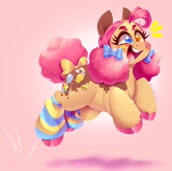Size: 1280x1274 | Tagged: safe, artist:pastelperyton, pinkie pie, earth pony, pony, g4, bow, colored hooves, female, gradient background, hair bow, heterochromia, leg warmers, mare, pronking, redesign, solo, tail bow