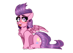 Size: 1262x931 | Tagged: safe, artist:moodi, clear skies, pegasus, pony, g4, :p, blushing, chest fluff, cute, cutie mark, eyebrows, female, floppy ears, folded wings, looking at you, simple background, sitting, solo, tongue out, transparent background, wings