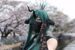 Size: 2048x1364 | Tagged: safe, artist:nullpotower, queen chrysalis, human, g4, clothes, cosplay, costume, evening gloves, face mask, gloves, horn, irl, irl human, long gloves, mask, photo, solo