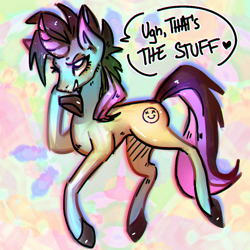 Size: 1000x1000 | Tagged: safe, artist:bunchi, oc, oc only, oc:acid pecks, pony, unicorn, colored, drugs, dyed mane, female, highlights, mare, mohawk, psychedelic, simple background, skinny, smiling, smirk, smug, solo, spiky hair, text, thin