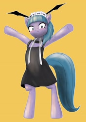 Size: 2508x3541 | Tagged: safe, artist:nullpotower, tote bag (g4), earth pony, pony, g4, :3, bipedal, clothes, dress, female, headband, high res, mare, simple background, solo, yellow background