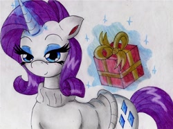 Size: 2912x2168 | Tagged: safe, artist:alcasar-reich, rarity, pony, unicorn, g4, clothes, high res, magic, present, solo, sweater, telekinesis, traditional art