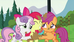 Size: 1280x720 | Tagged: safe, screencap, apple bloom, scootaloo, sweetie belle, earth pony, pegasus, pony, unicorn, g4, marks and recreation, adorabloom, cute, cutealoo, cutie mark crusaders, diasweetes, eyes closed, female, filly, hoofbump, mud, muddy