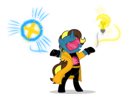 Size: 1280x965 | Tagged: safe, artist:mlp-trailgrazer, oc, oc:bright idea, pony, unicorn, clothes, cosplay, costume, female, jubilee, mare, simple background, solo, transparent background, x-men