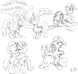 Size: 1959x1858 | Tagged: safe, artist:rustymonkee, starlight glimmer, trixie, pony, unicorn, all bottled up, g4, angry, blushing, dialogue, eyes closed, female, kissing, lesbian, lying down, monochrome, ship:startrix, shipping, sketch, smiling, smirk