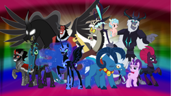 Size: 5361x3008 | Tagged: safe, artist:andoanimalia, cozy glow, discord, grogar, king sombra, lord tirek, nightmare moon, pony of shadows, queen chrysalis, starlight glimmer, storm king, tempest shadow, alicorn, centaur, changeling, changeling queen, draconequus, pegasus, pony, sheep, unicorn, yeti, g4, my little pony: the movie, antagonist, equal cutie mark, female, filly, legion of doom, male, mare, ram, show accurate, staff, staff of sacanas, stallion, villains of equestria