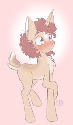 Size: 1166x2000 | Tagged: safe, artist:sinamuna, oc, oc only, oc:pepper dust, deer, deer pony, original species, pony, unicorn, unideer, au:equuis, blaze (coat marking), blushing, brown hair, coat markings, confused, curly hair, deer tail, facial markings, femboy, forehead mark, freckles, golden eyes, horn, lanky, long legs, male, messy hair, nervous, purple eyes, redesign, rubbing leg, shy, skinny, solo, spots, thin, two toned eyes, yellow eyes